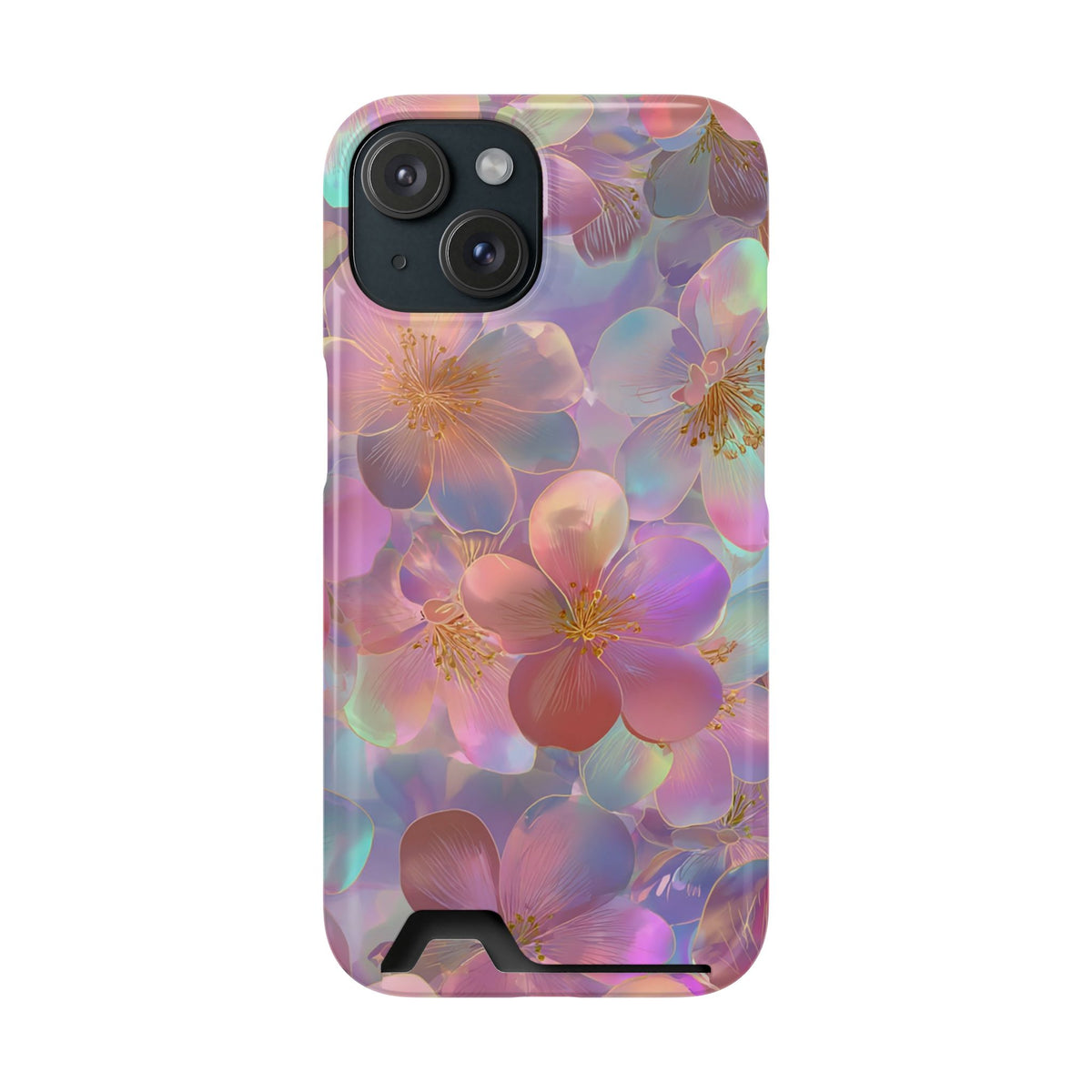 Opal Blossom phone case with card holder for iPhone 15, glossy finish