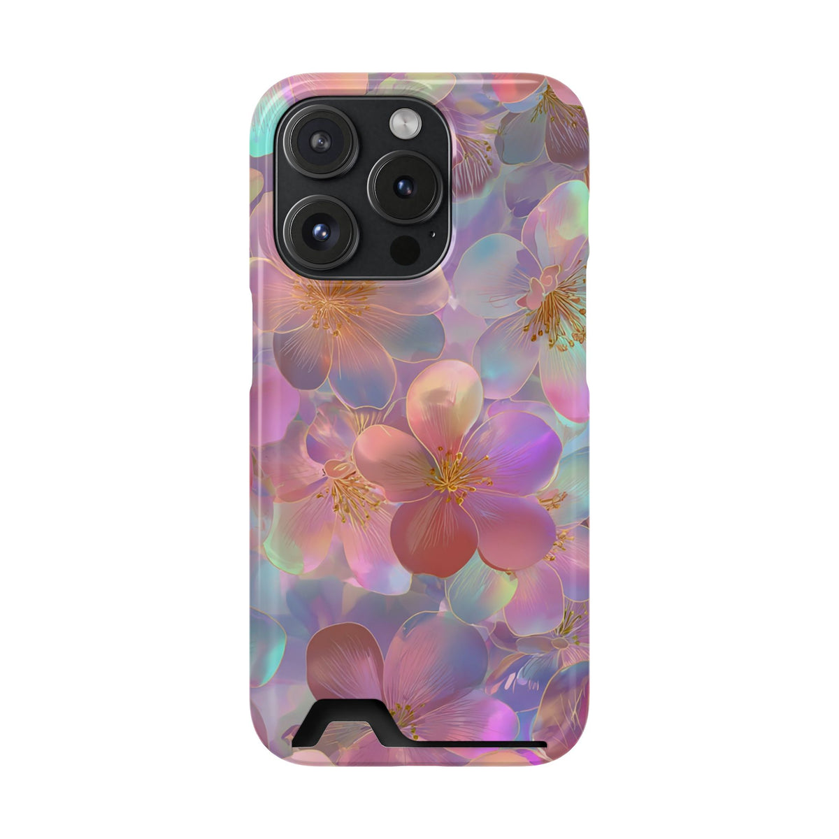 Opal Blossom phone case with card holder for iPhone 15 Pro, glossy finish