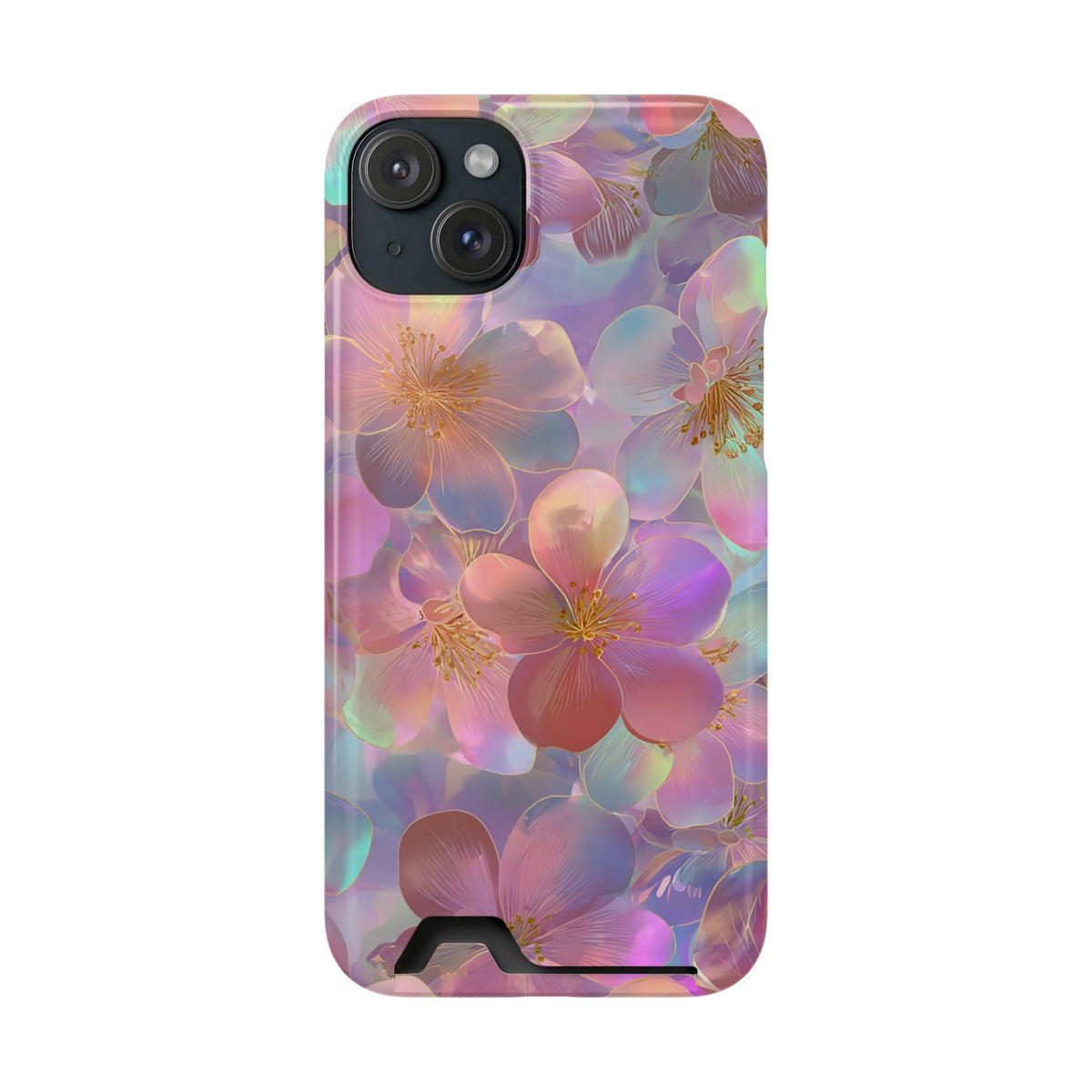Opal Blossom phone case with card holder for iPhone 15 Plus, glossy finish