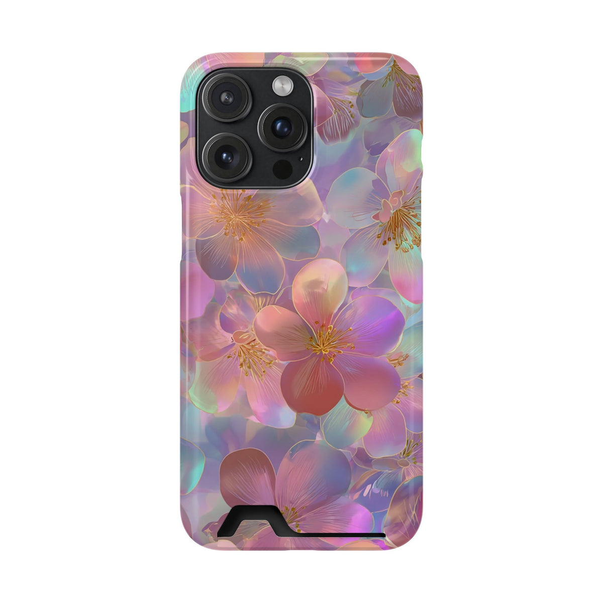 Opal Blossom phone case with card holder for iPhone 15 Pro Max, glossy finish