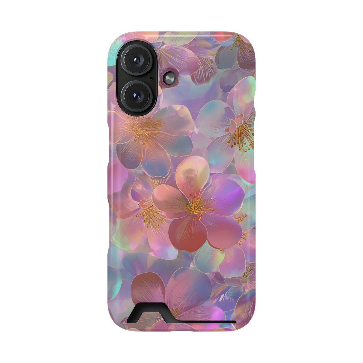 Opal Blossom phone case with card holder for iPhone 16, glossy finish