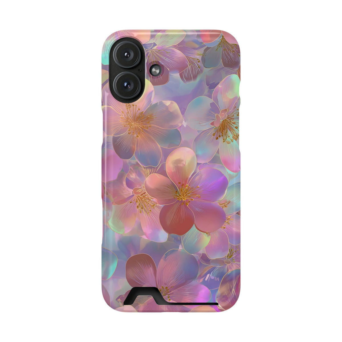 Opal Blossom phone case with card holder for iPhone 16 Plus, glossy finish