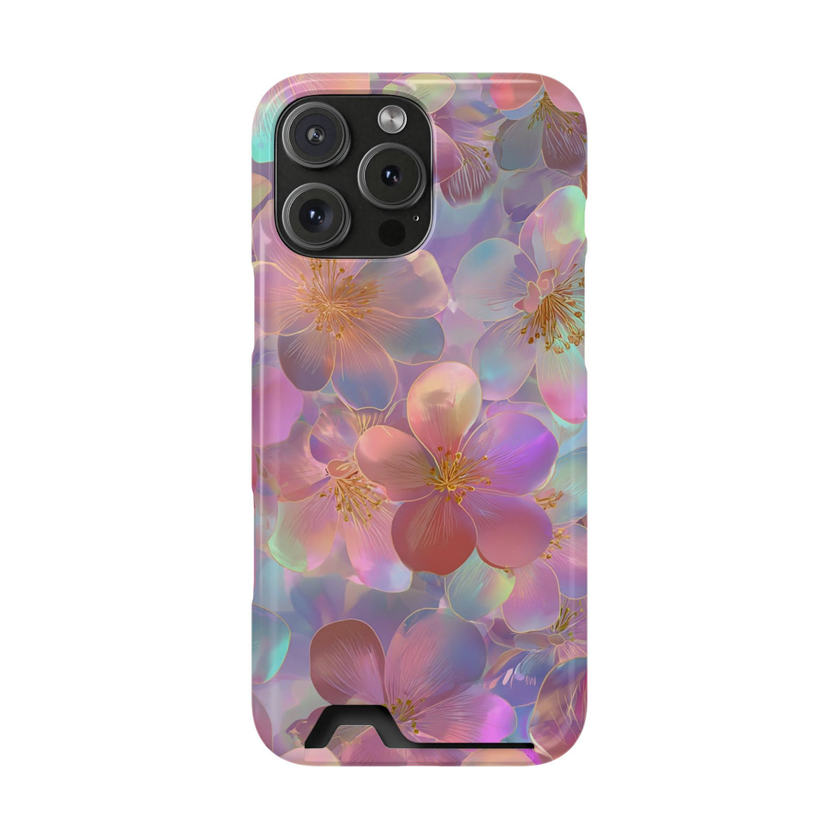 Opal Blossom phone case with card holder for iPhone 16 Pro Max, glossy finish