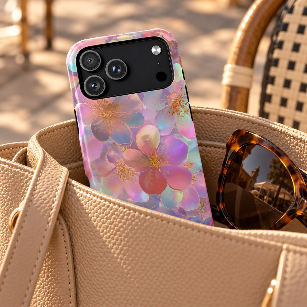 Opal Blossom phone case with card holder, iridescent pastel blossoms, lifestyle photo in a handbag