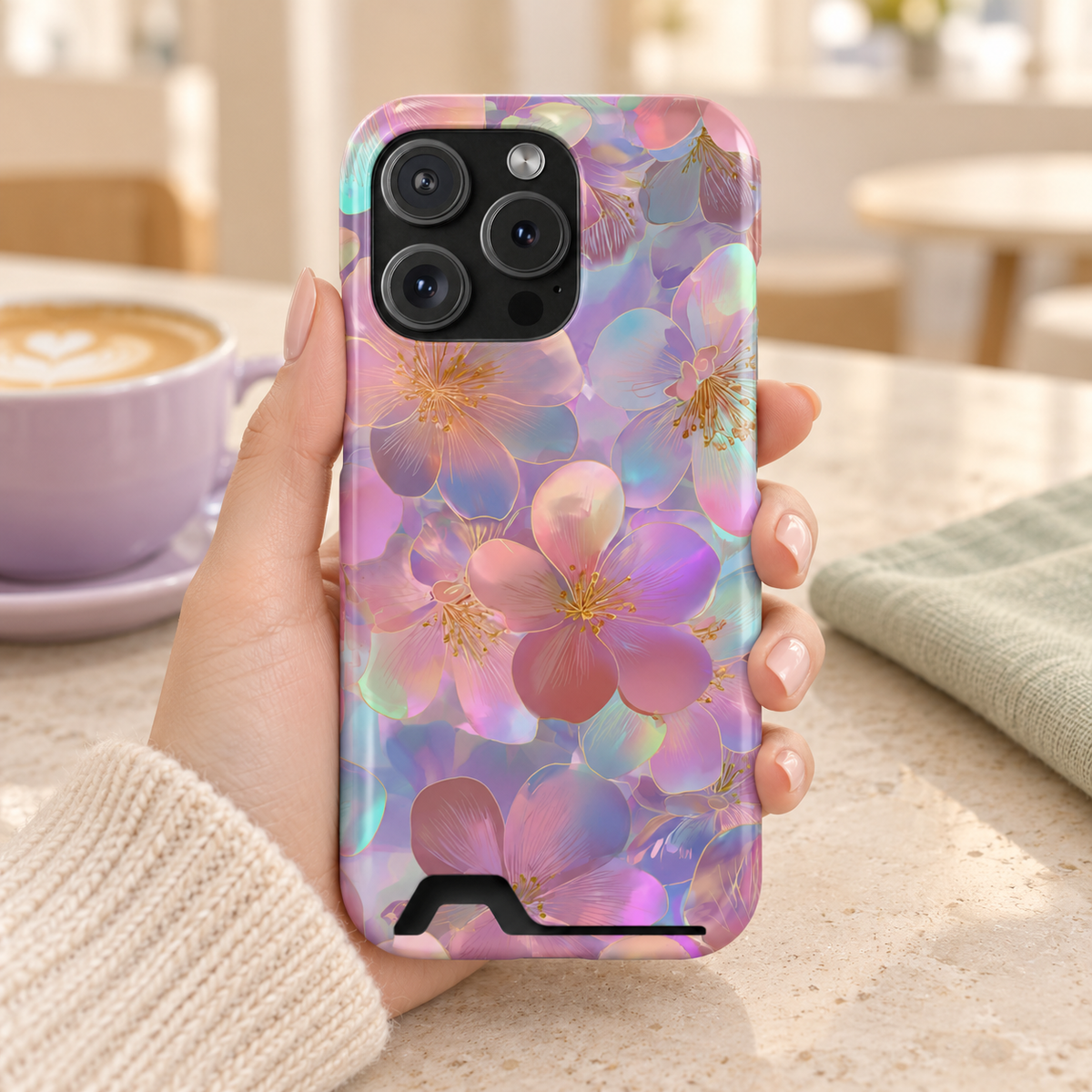Opal Blossom phone case with card holder, iridescent pastel blossoms, lifestyle photo in hand with coffee