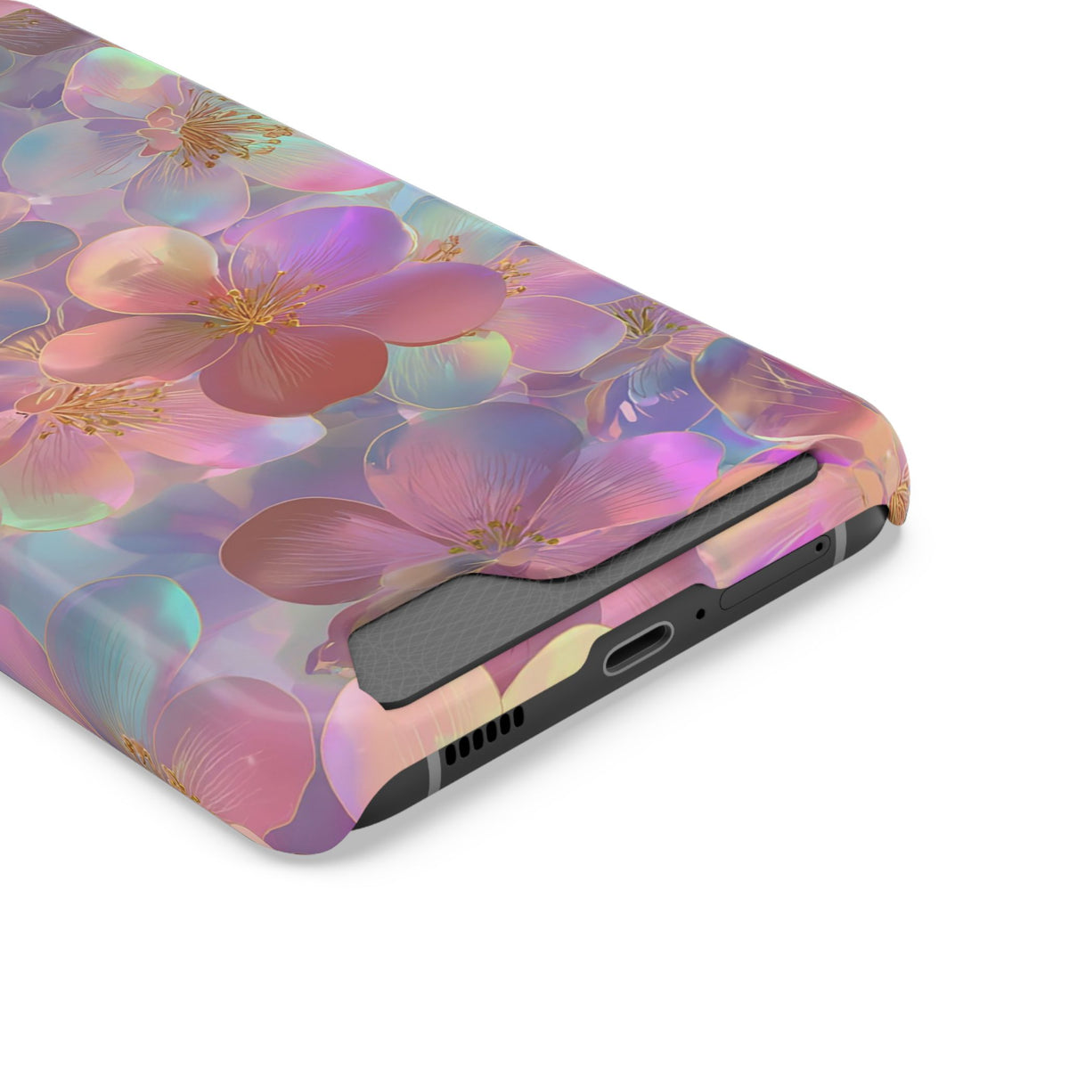 Opal Blossom phone case with card holder, close-up of the card slot