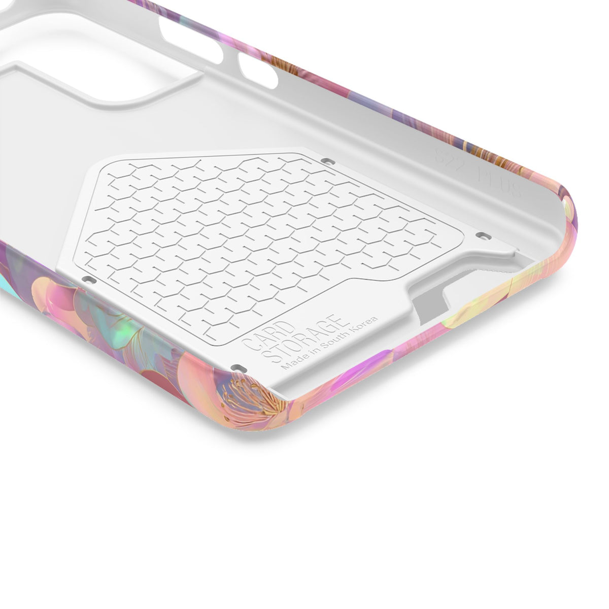 Opal Blossom phone case with card holder, close-up of the inside