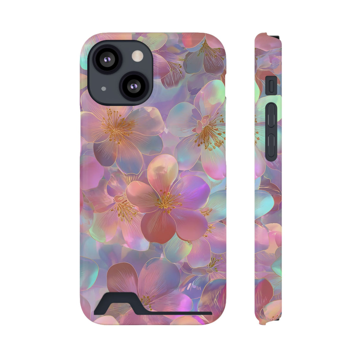 Opal Blossom phone case with card holder for iPhone 13 Mini, glossy finish