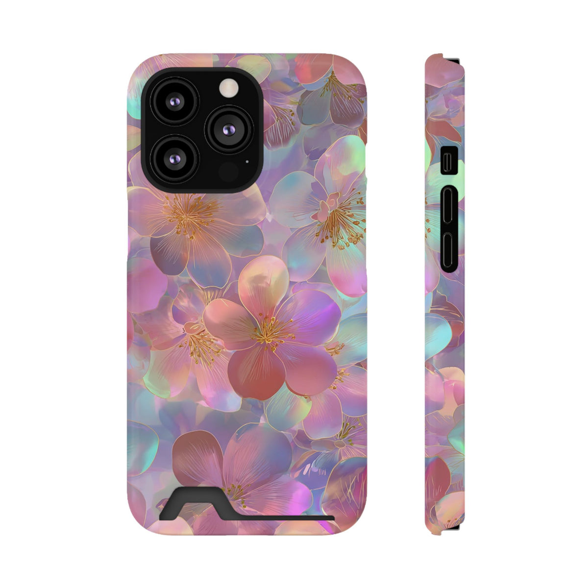 Opal Blossom phone case with card holder for iPhone 13 Pro, glossy finish
