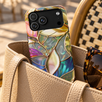Opal Mosaic protective phone case, iridescent mosaic petals with golden lines, lifestyle photo in a handbag