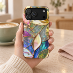 Opal Mosaic MagSafe case, iridescent mosaic petals with golden lines, lifestyle photo in hand with coffee
