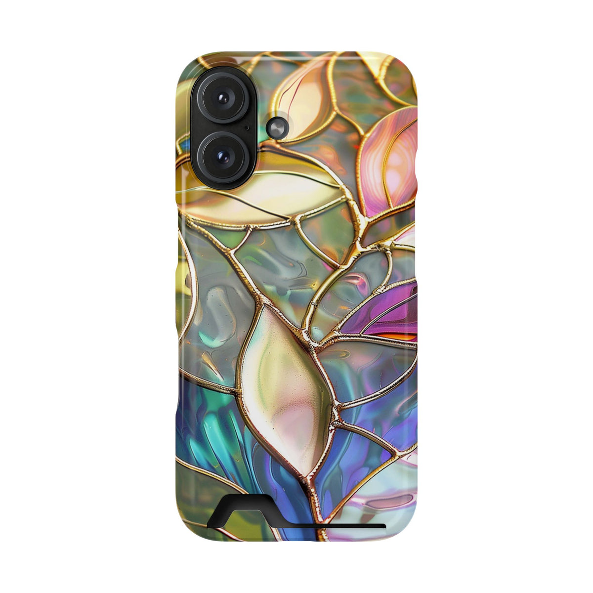 Opal Mosaic phone case with card holder for iPhone 16, glossy finish