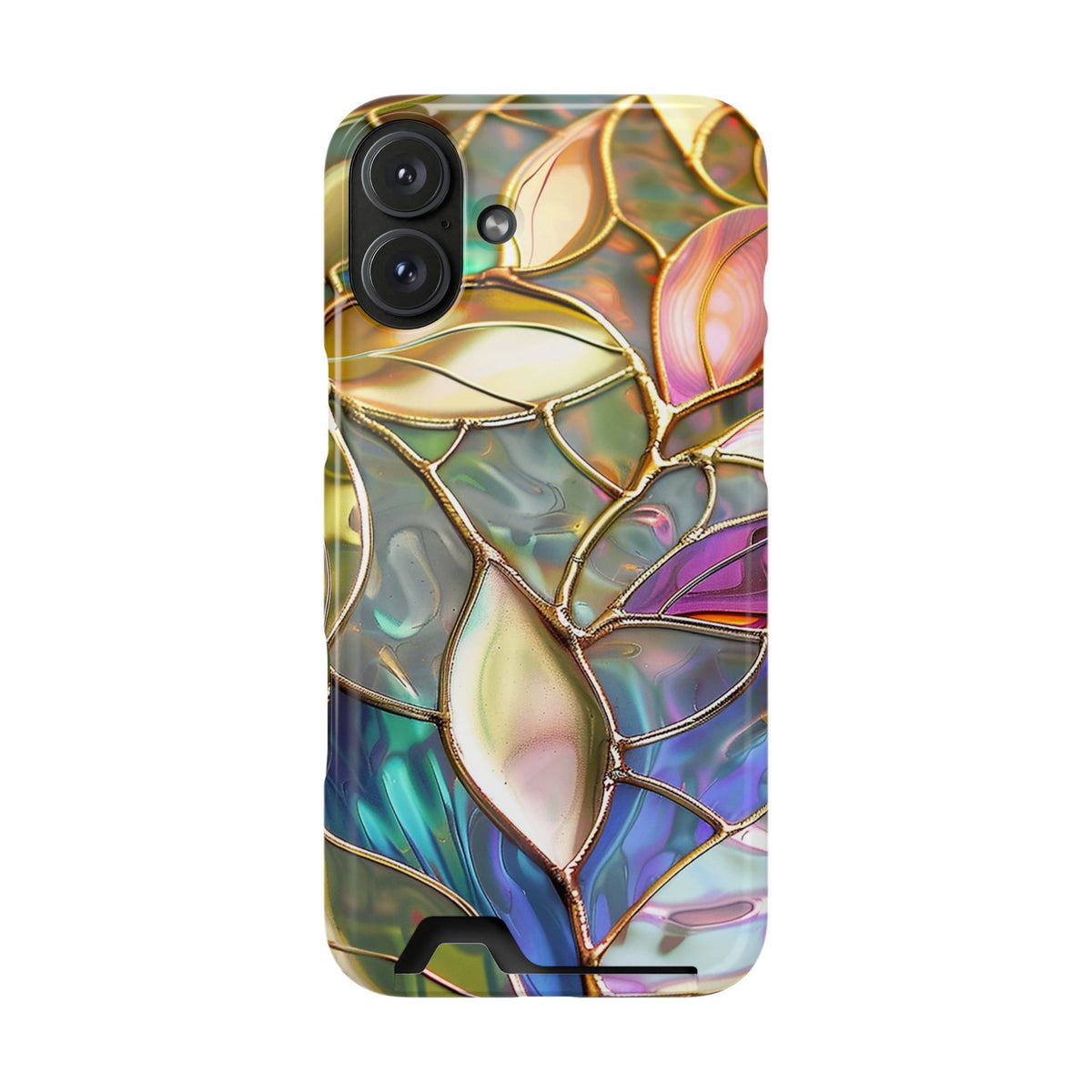 Opal Mosaic phone case with card holder for iPhone 16 Plus, glossy finish