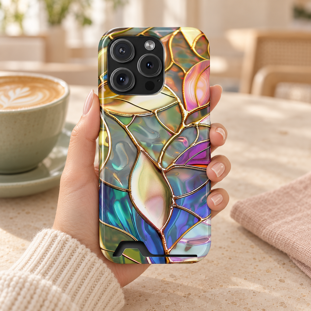 Opal Mosaic phone case with card holder, iridescent mosaic petals with golden lines, lifestyle photo in hand with coffee