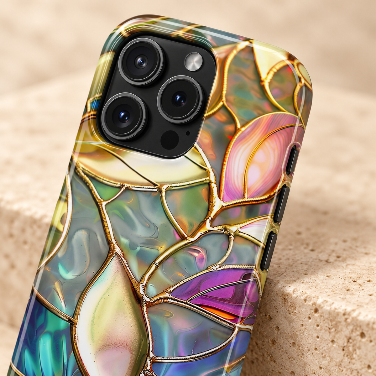 Opal Mosaic phone case with card holder, iridescent mosaic petals with golden lines, lifestyle close-up of the camera