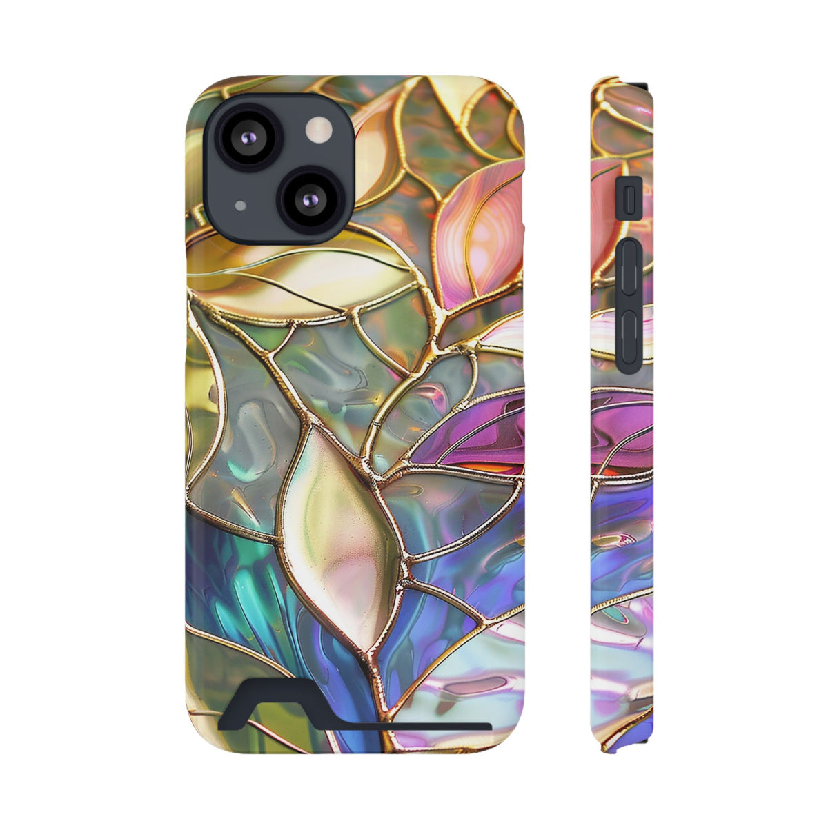 Opal Mosaic phone case with card holder for iPhone 13 Mini, glossy finish