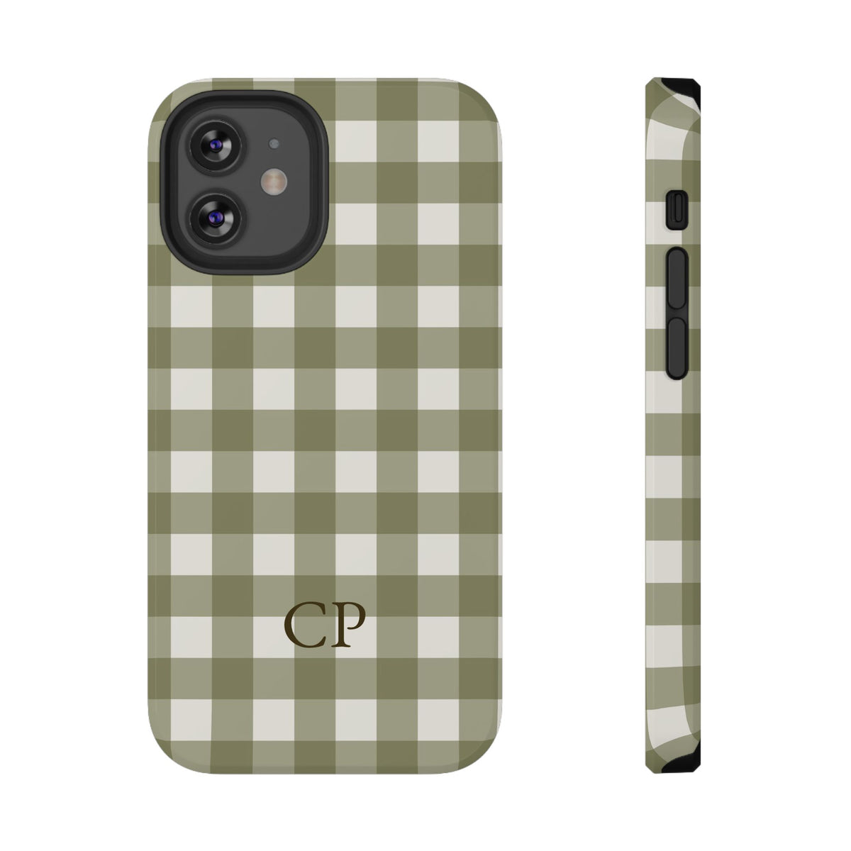 Olive Gingham Monogram personalized protective phone case for iPhone 12 Mini, glossy finish