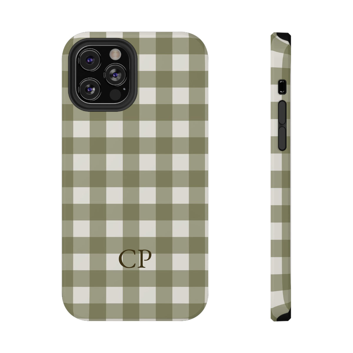 Olive Gingham Monogram personalized protective phone case for iPhone 12 Pro, glossy finish