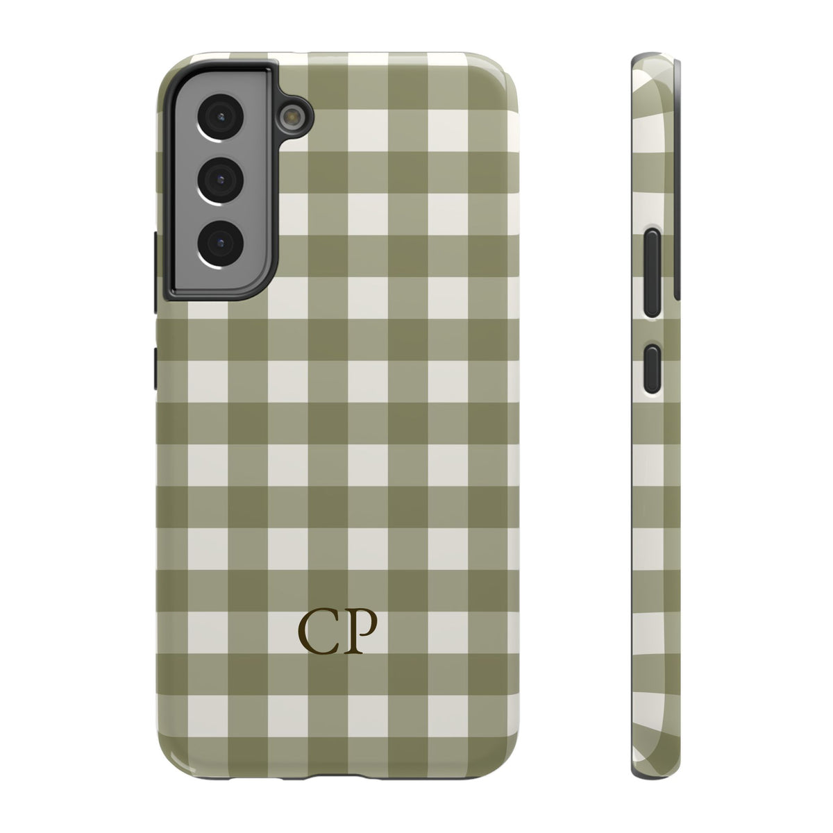Olive Gingham Monogram personalized protective phone case for Samsung Galaxy S22 Plus, glossy finish