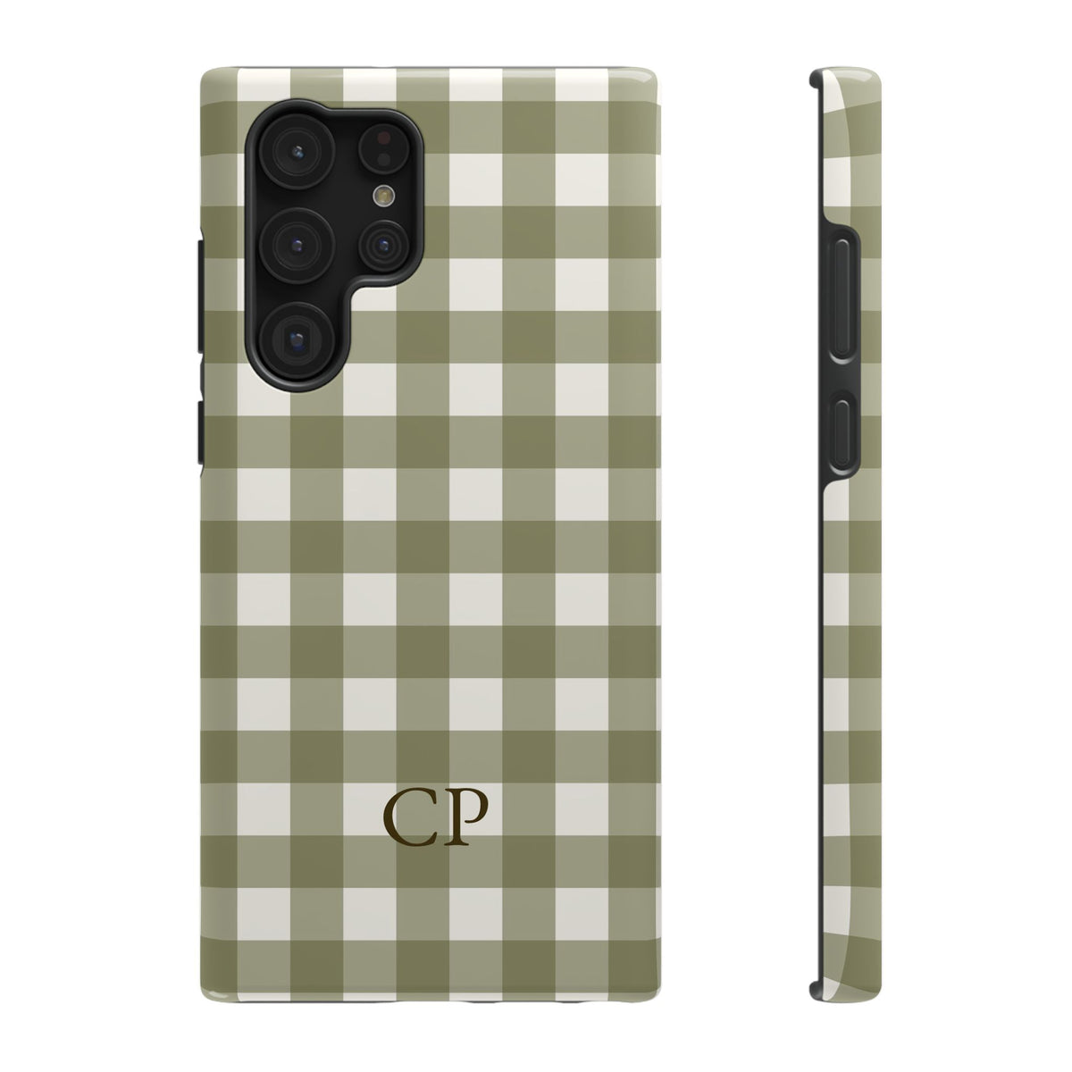 Olive Gingham Monogram personalized protective phone case for Samsung Galaxy S22 Ultra, glossy finish