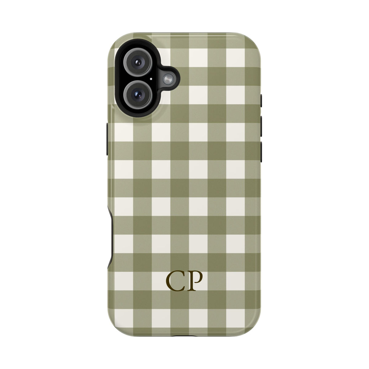 Olive Gingham Monogram personalized protective phone case for iPhone 16 Plus, glossy finish