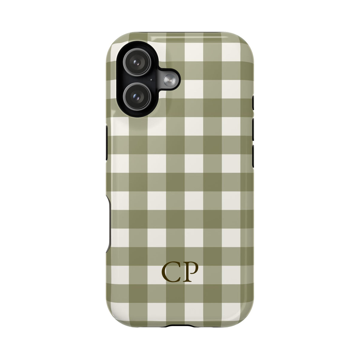 Olive Gingham Monogram personalized protective phone case for iPhone 17, glossy finish