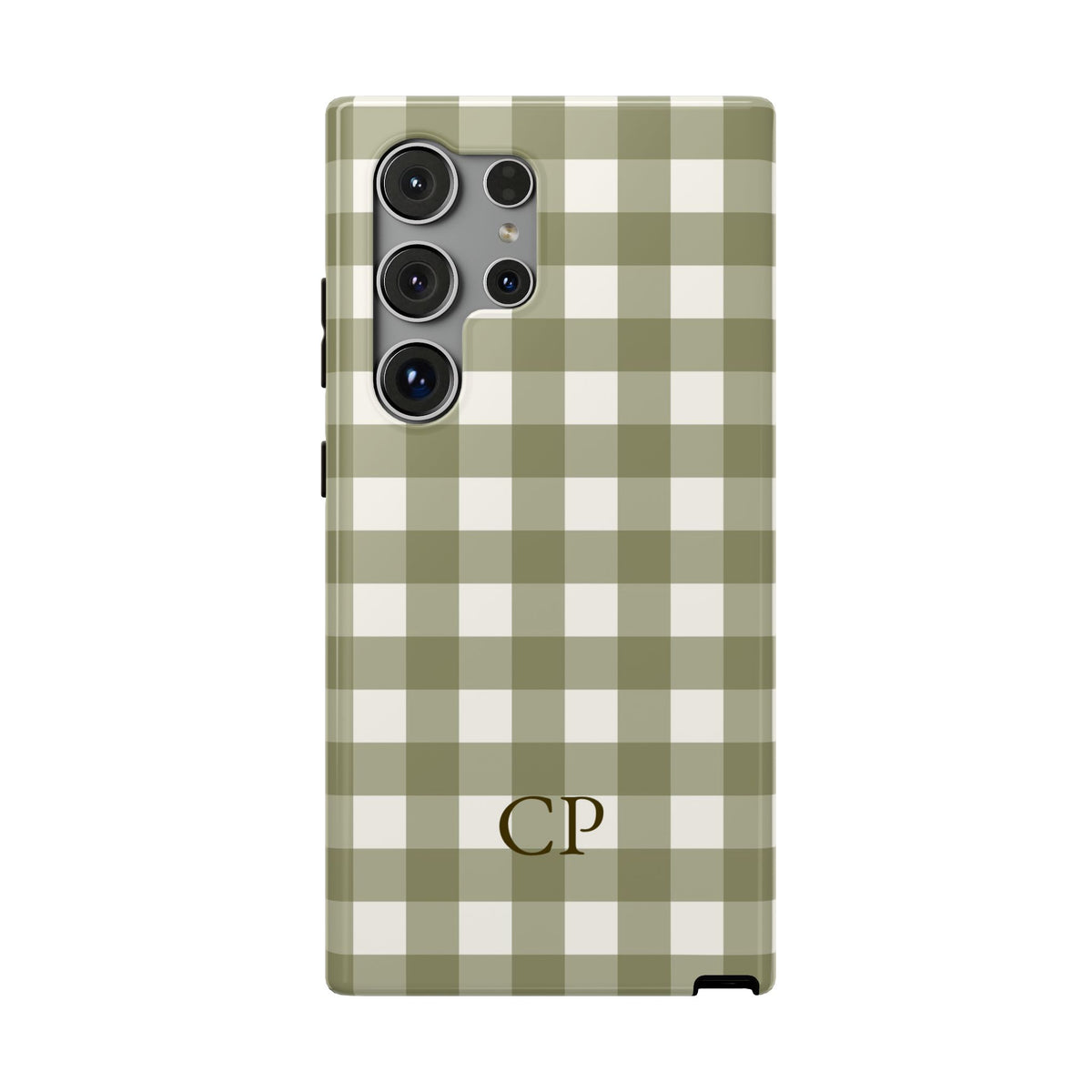 Olive Gingham Monogram personalized protective phone case for Samsung Galaxy S24 Ultra, glossy finish