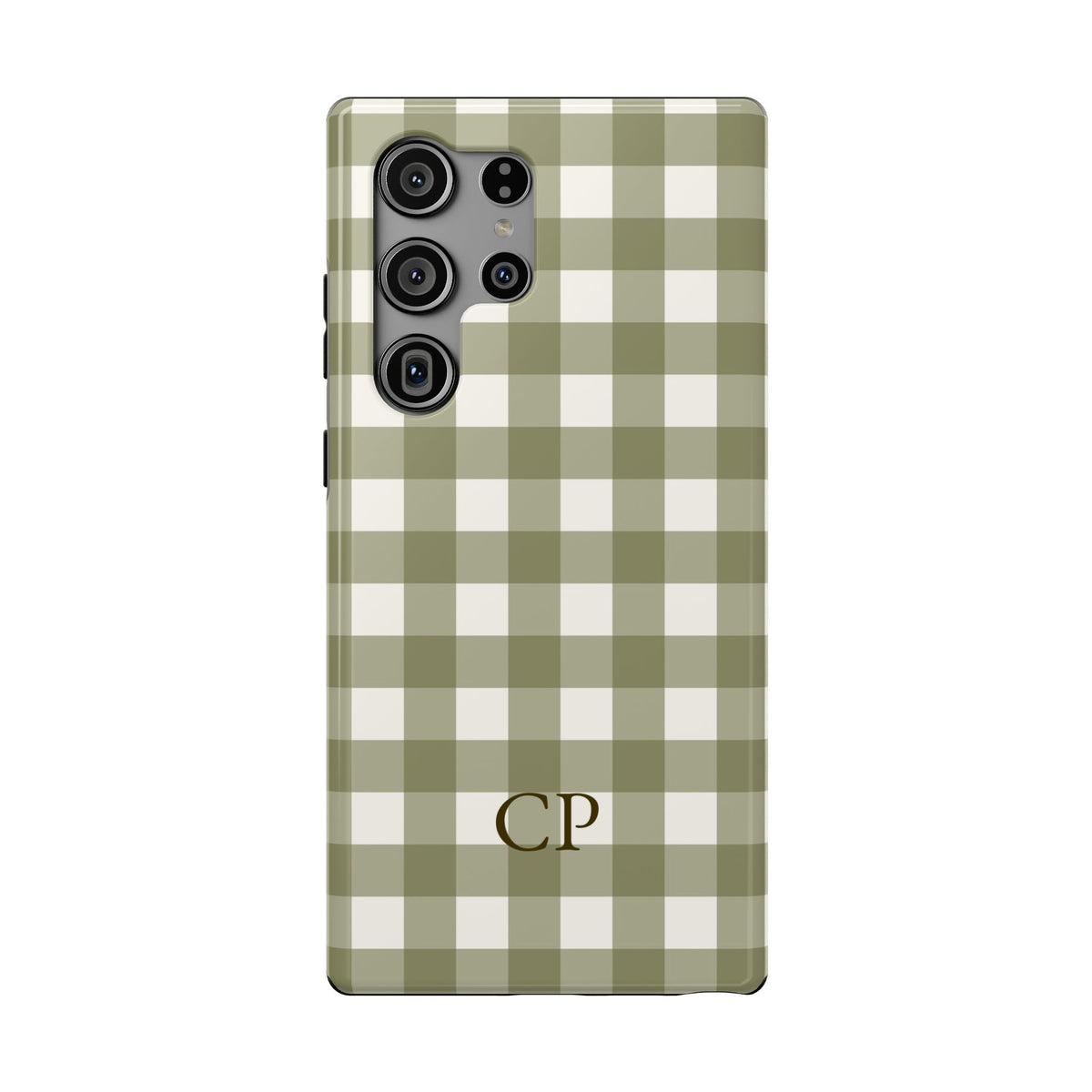 Olive Gingham Monogram personalized protective phone case for Samsung Galaxy S23 Ultra, glossy finish