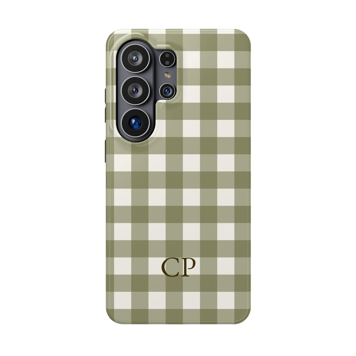 Olive Gingham Monogram personalized protective phone case for Samsung Galaxy S26 Ultra, glossy finish