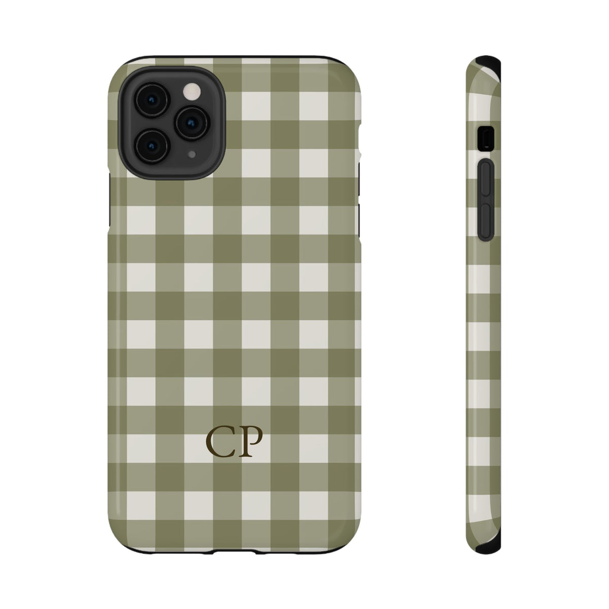 Olive Gingham Monogram personalized protective phone case for iPhone 11 Pro Max, glossy finish