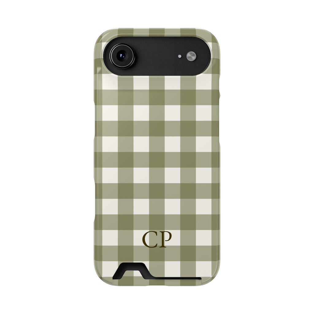 Olive Gingham Monogram personalized phone case with card holder for iPhone 17 Air, glossy finish