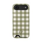 Olive Gingham Monogram personalized phone case with card holder for iPhone 17 Air, glossy finish