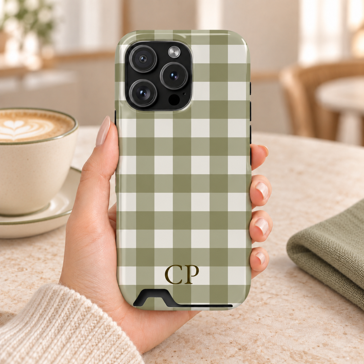 Olive Gingham Monogram personalized phone case with card holder, olive green gingham with a serif monogram, lifestyle photo in hand with coffee