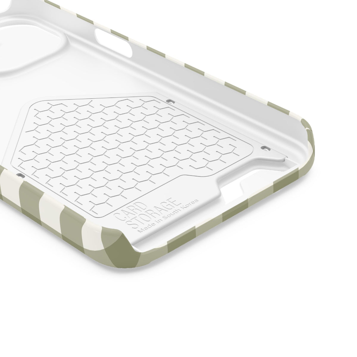 Olive Gingham Monogram personalized phone case with card holder, close-up of the case edge