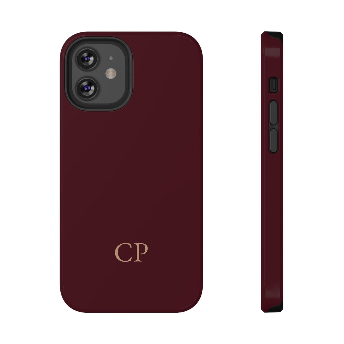 Burgundy Solid Monogram personalized protective phone case for iPhone 12 Mini, glossy finish