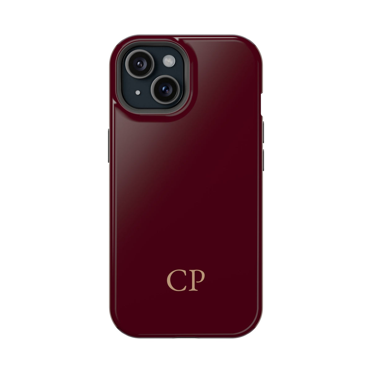 Burgundy Solid Monogram personalized protective phone case for iPhone 15, glossy finish