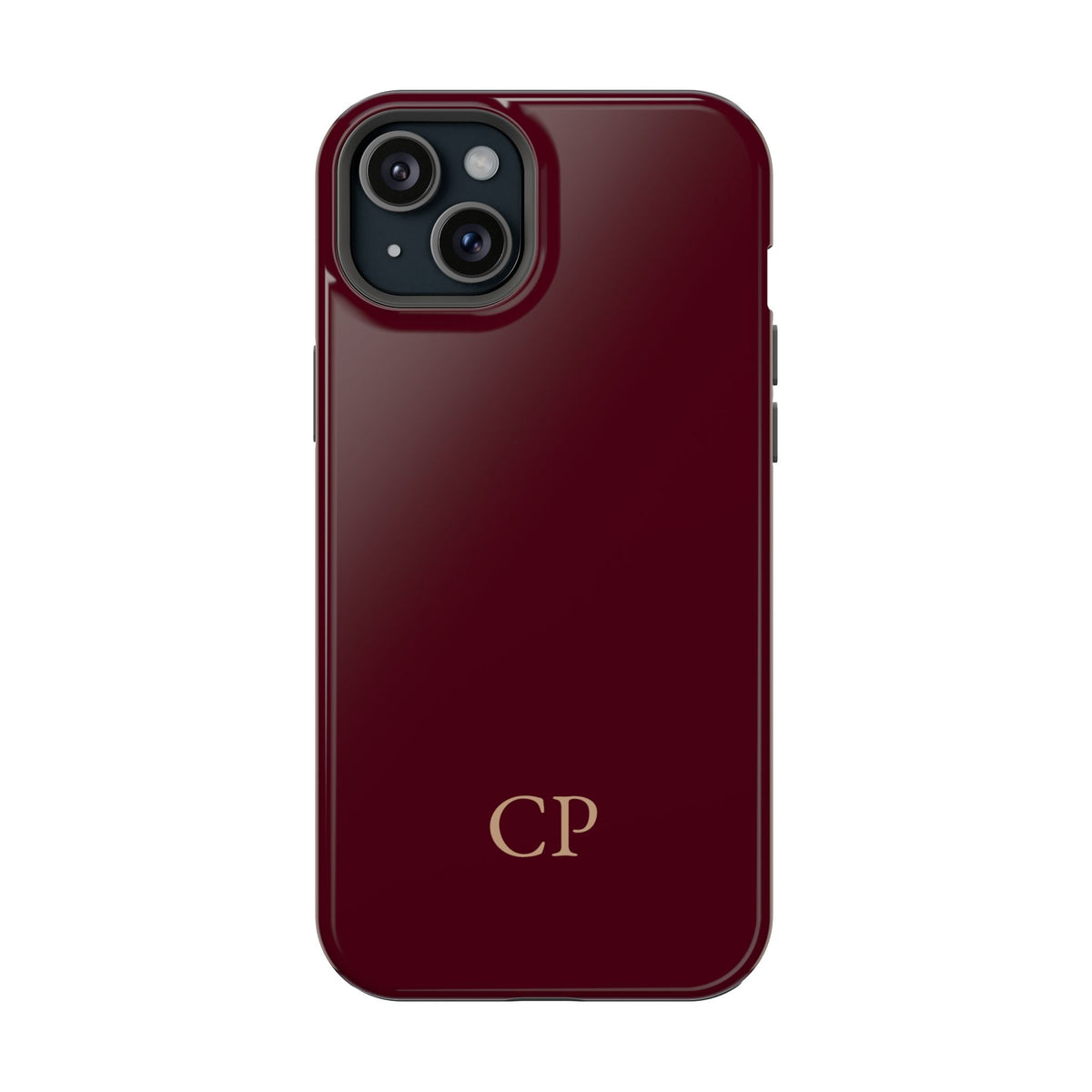 Burgundy Solid Monogram personalized protective phone case for iPhone 15 Plus, glossy finish