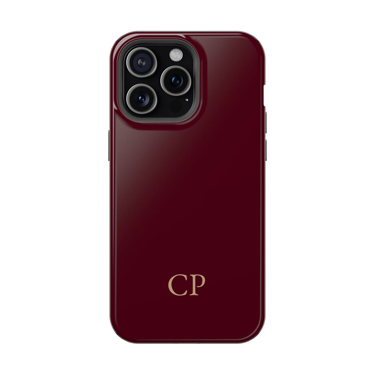 Burgundy Solid Monogram personalized protective phone case for iPhone 15 Pro Max, glossy finish