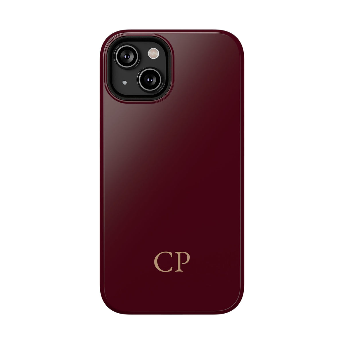 Burgundy Solid Monogram personalized protective phone case for iPhone 14, glossy finish
