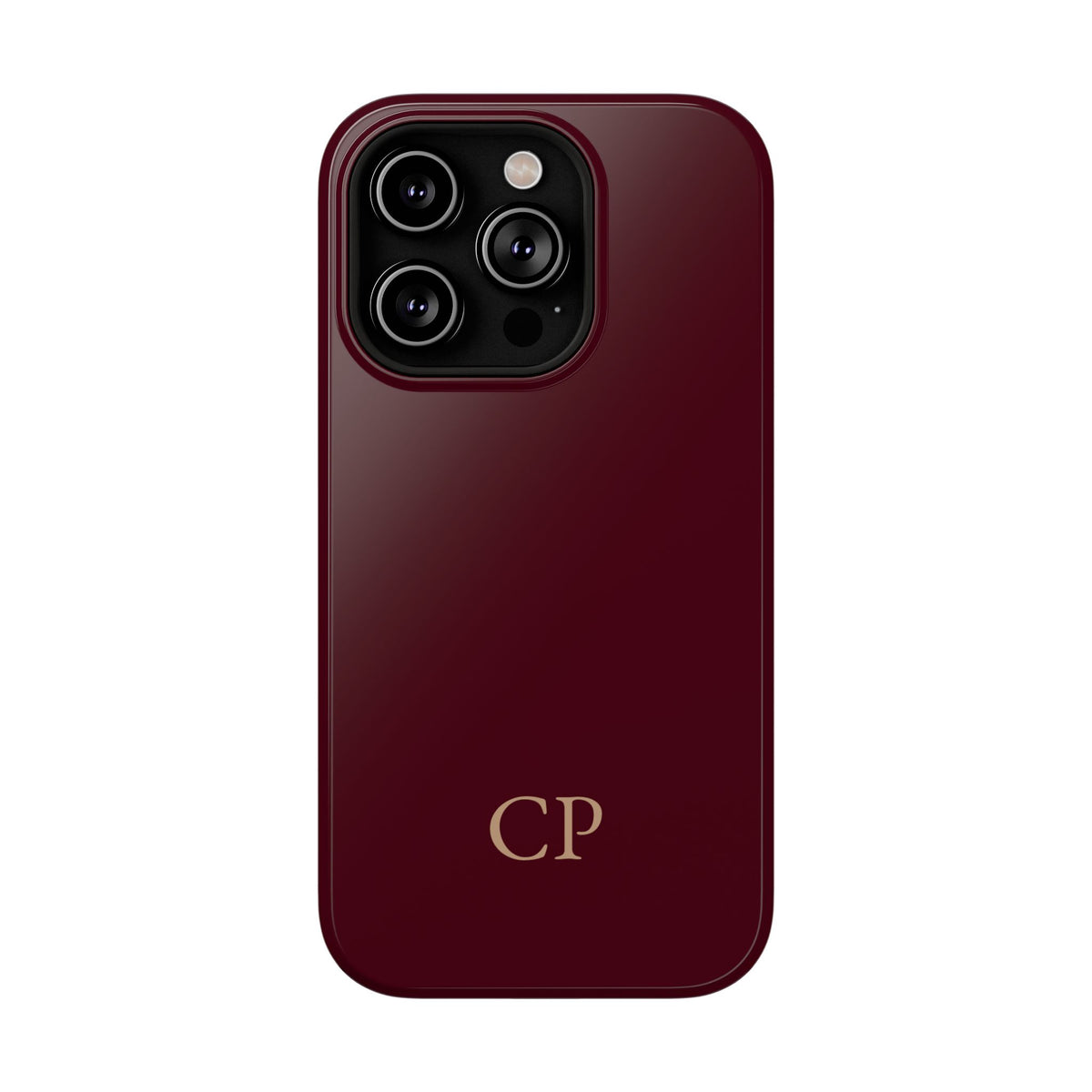 Burgundy Solid Monogram personalized protective phone case for iPhone 14 Pro, glossy finish