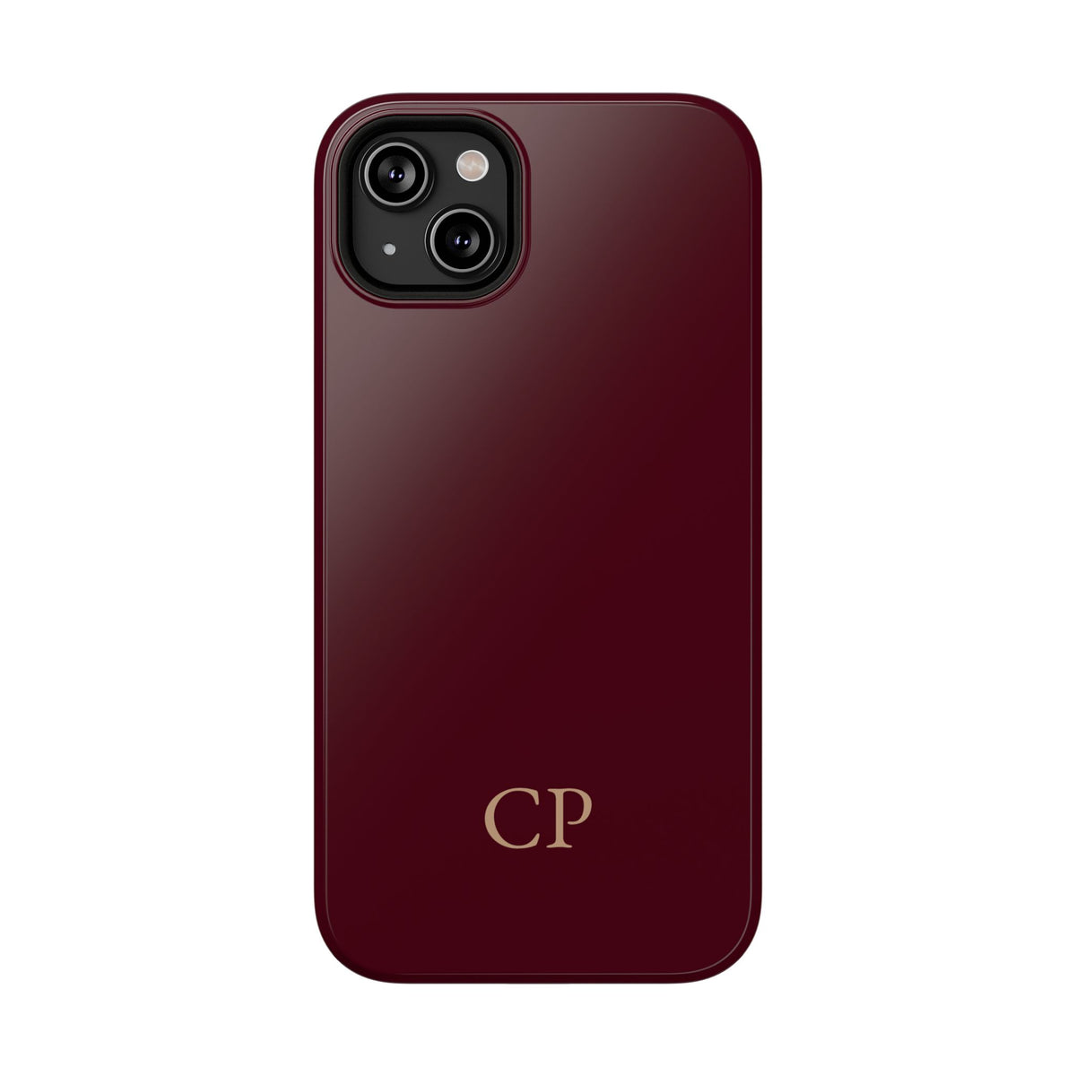 Burgundy Solid Monogram personalized protective phone case for iPhone 14 Plus, glossy finish