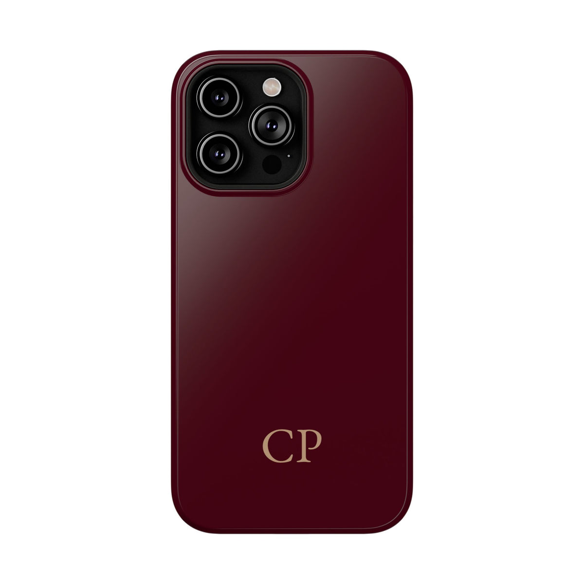 Burgundy Solid Monogram personalized protective phone case for iPhone 14 Pro Max, glossy finish