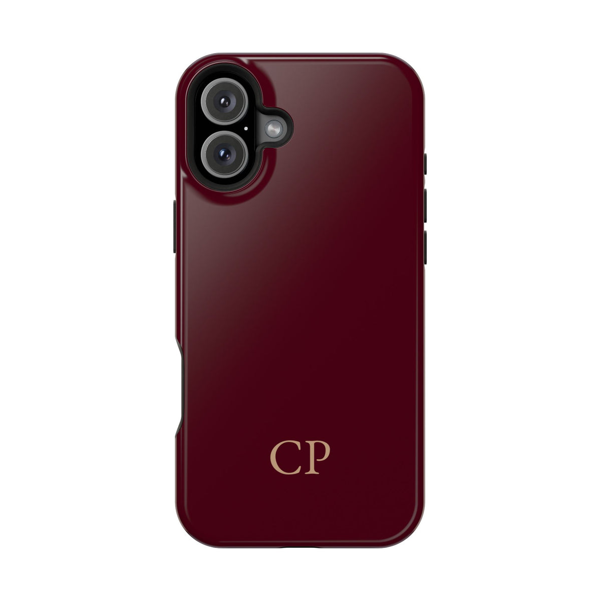 Burgundy Solid Monogram personalized protective phone case for iPhone 16 Plus, glossy finish