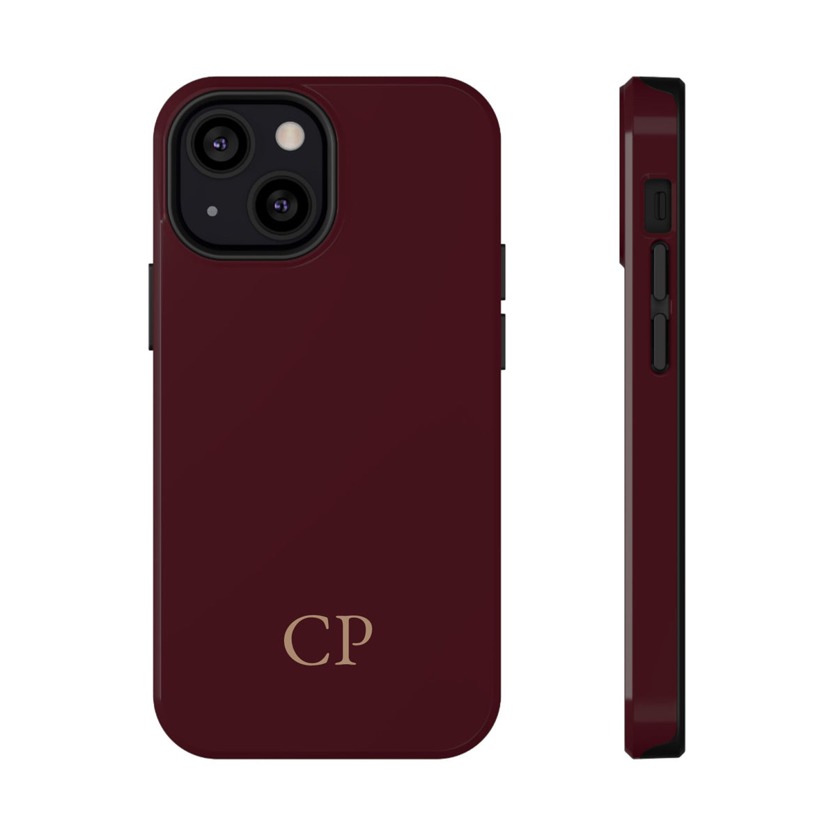 Burgundy Solid Monogram personalized protective phone case for iPhone 13 Mini, glossy finish