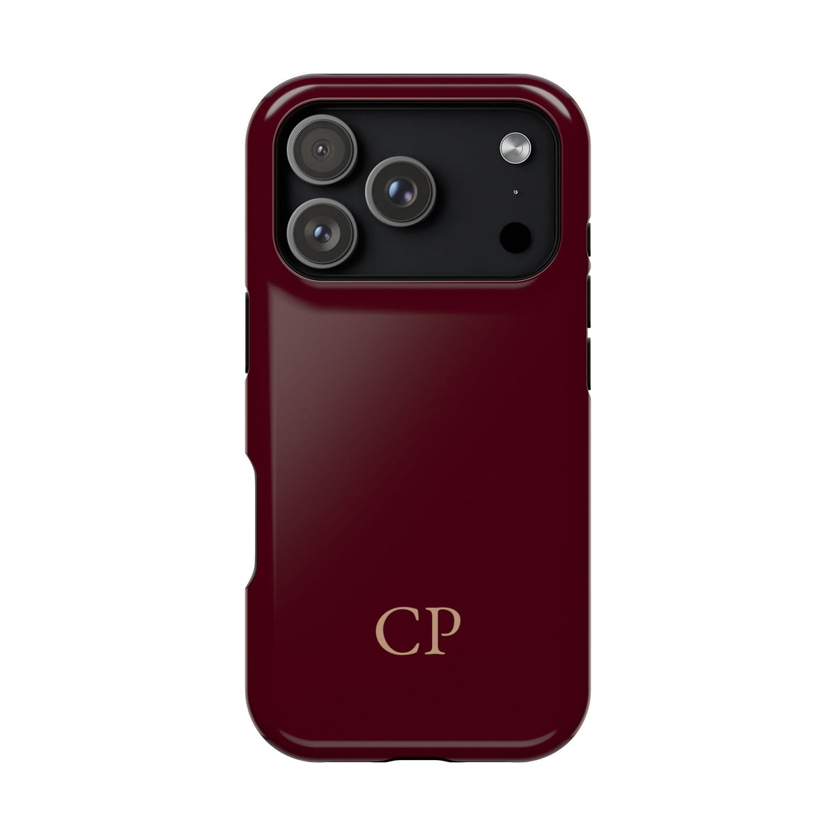 Burgundy Solid Monogram personalized protective phone case for iPhone 17 Pro, glossy finish