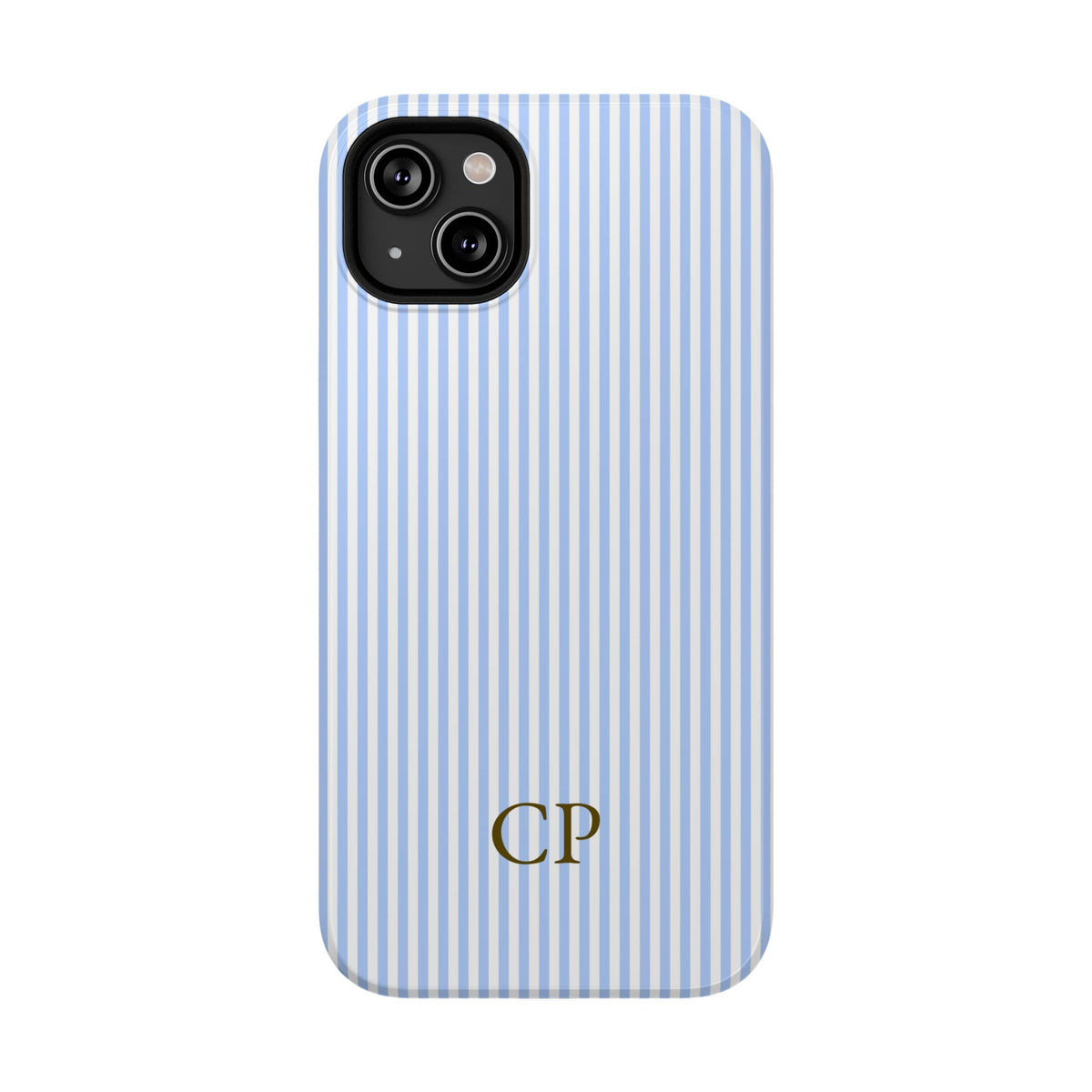 Sky Pinstripe Monogram personalized protective phone case for iPhone 14 Plus, glossy finish