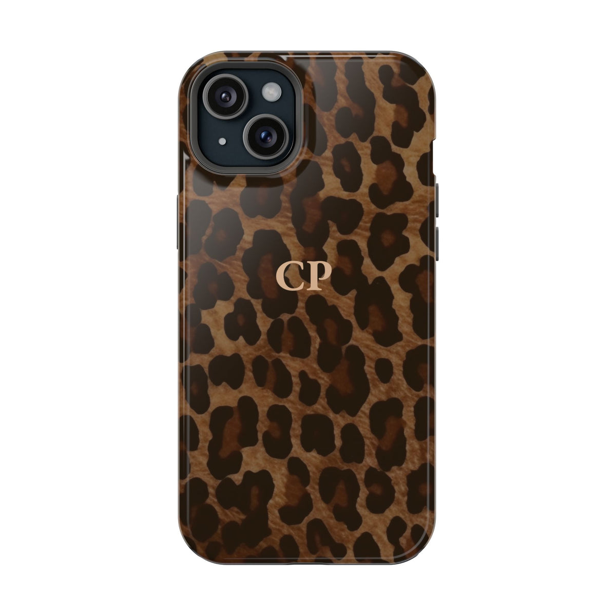 Brown Leopard Monogram personalized protective phone case for iPhone 15 Plus, glossy finish