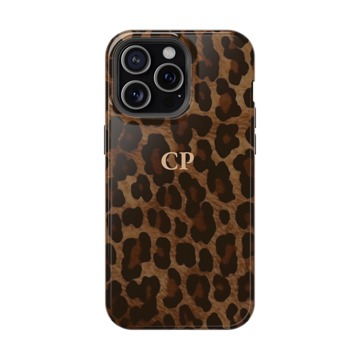 Brown Leopard Monogram personalized protective phone case for iPhone 15 Pro Max, glossy finish