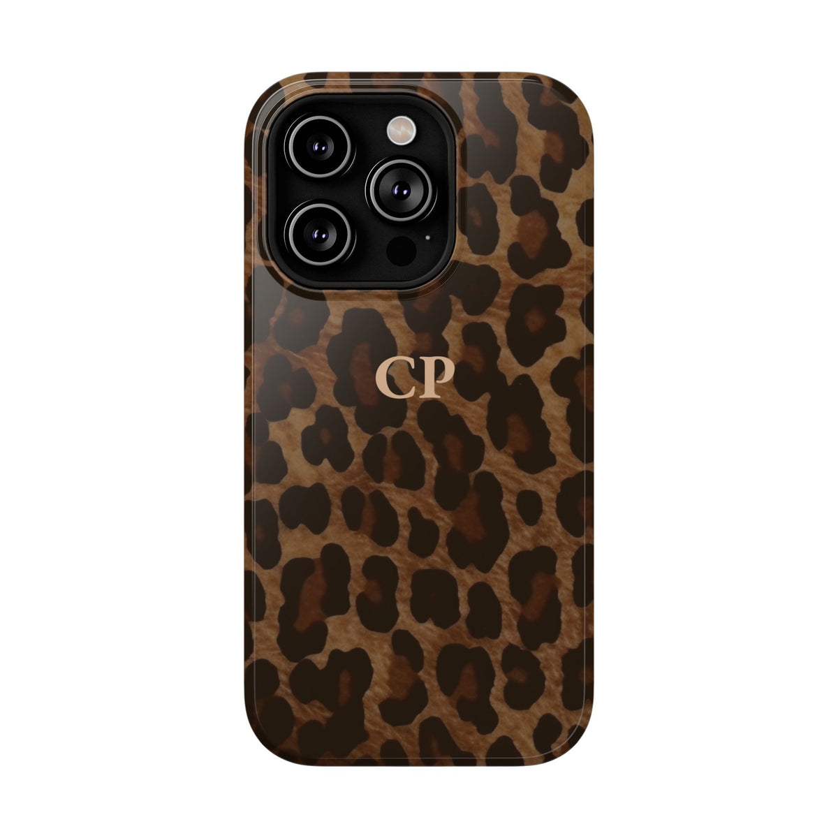Brown Leopard Monogram personalized protective phone case for iPhone 14 Pro, glossy finish