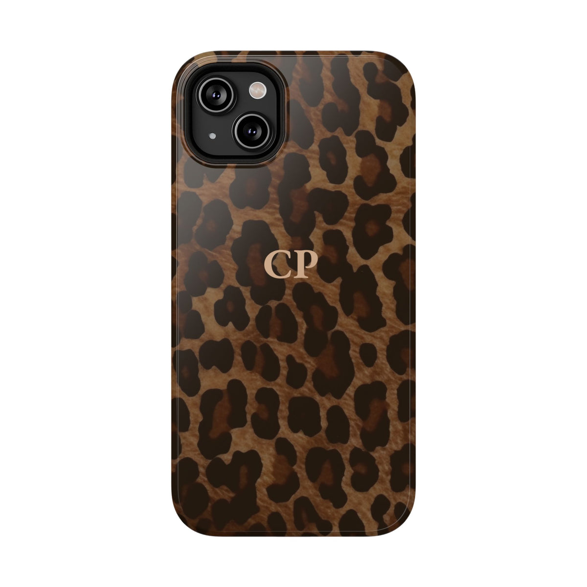 Brown Leopard Monogram personalized protective phone case for iPhone 14 Plus, glossy finish